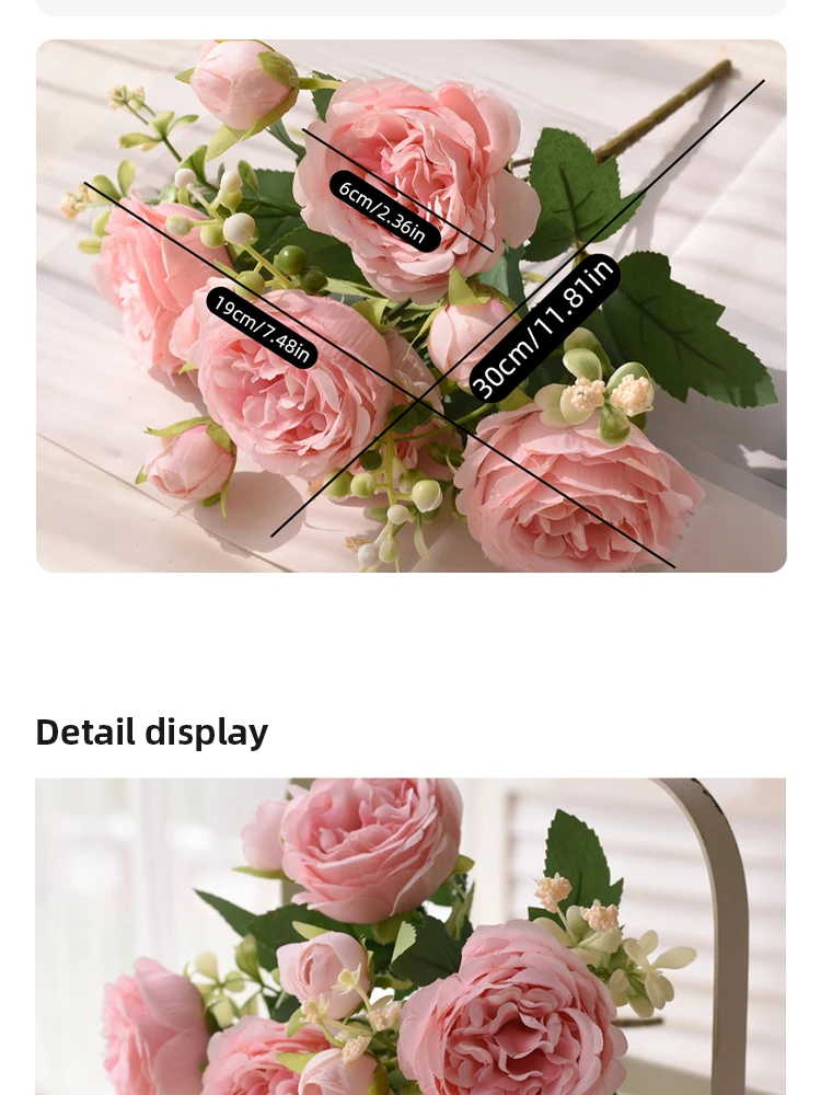 Description Picture 5 of item30cm Rose Pink Silk Bouquet Peony Artificial Flower 5 Big Head 4 Small Bud Bride Wedding Home Decoration Artificial Flower
