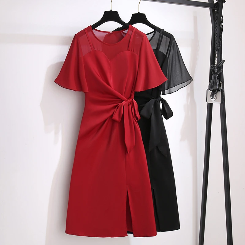 

Elegant Patchwork Mid Party Dress 2021 Summer Sexy Red Office Ladies Club Full Dress Causal Vintage Mesh Lace Up Split Dress