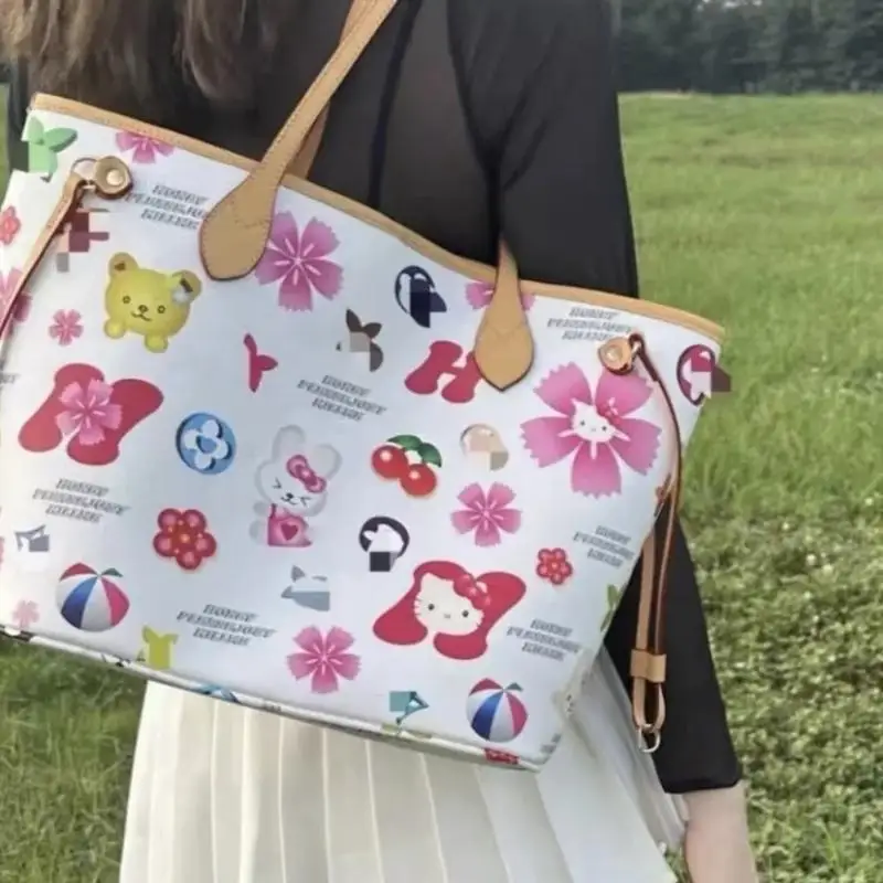

Милая сумка-тоут Hello Kitty, аниме Sanrio, сумка на плечо, вместительная сумка, ретро-сумка с мультяшным принтом для девочек, подарок