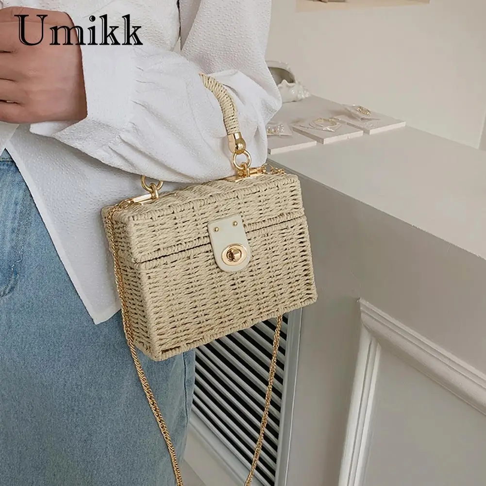 Rattan Straw Shoulder Bag Women Boho Hand-Woven Basket