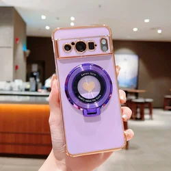 Luxury MagSafe Bracket Case with Love Heart Ring Holder & Plating Silicone Cover for Pixel 8Pro (PURPLE)