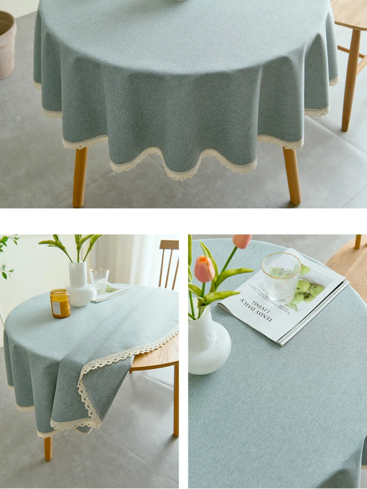 1pc Waterproof and Oil-Proof Round Table Cloth with Lace Edge,Nordic Style Solid