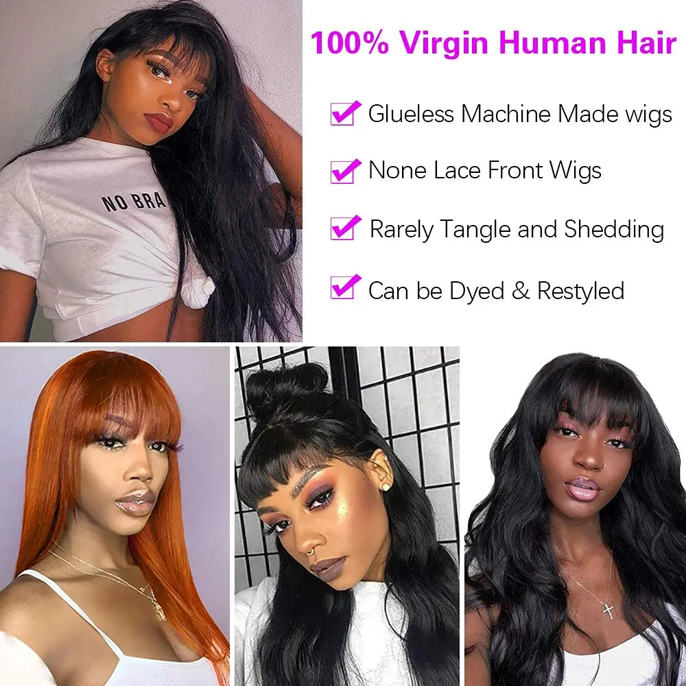 100% Human Hair Wigs Long Straight Hair With Bang Fringe Wig For Women Brazilian Remy Hair Glueless Full Machine Made With Bangs