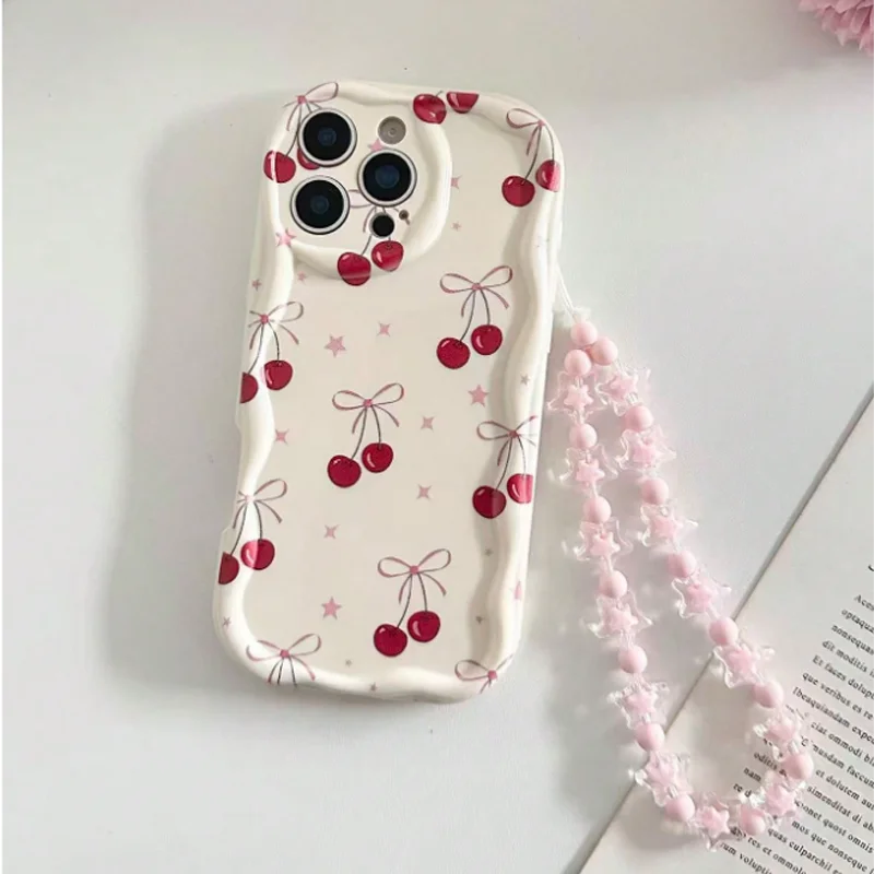 Red Cherry Bow Wavy Cream-Edge iPhone Case with Pink Beaded Strap - Image 3