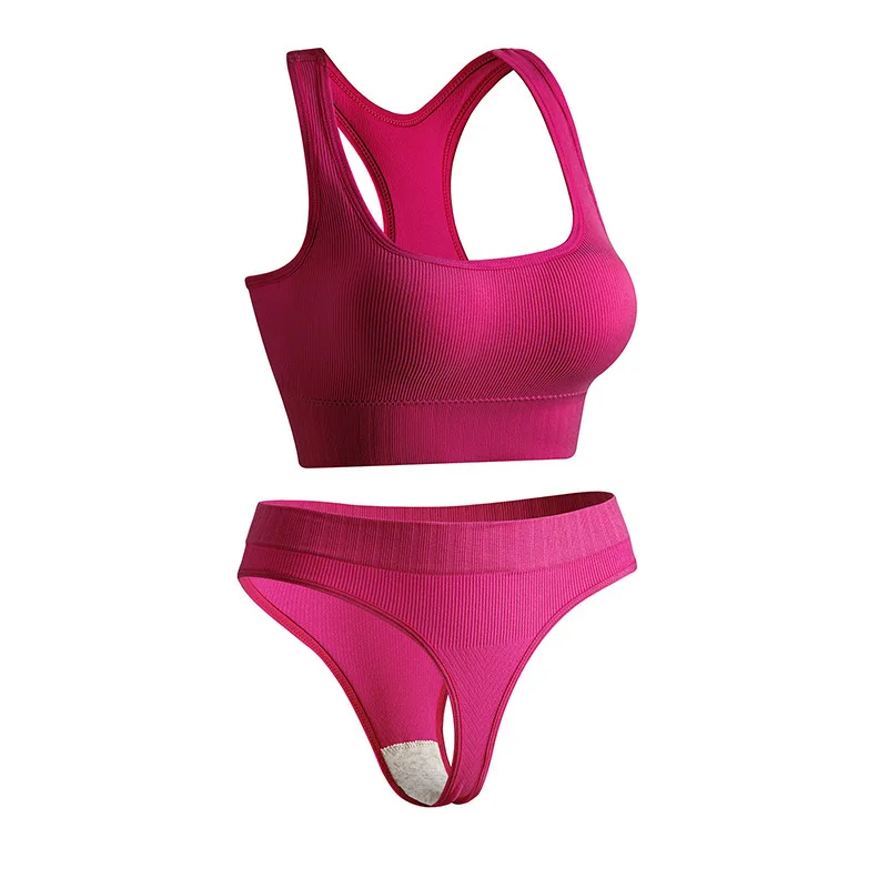 Large Size Women Running Bra Set Chest Gathering Lingerie Fixed Shoulder Straps Exercise Yoga Fitness Triangle Pants Set