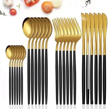 24 pezzi set di stoviglie in acciaio inossidabile posate in oro nero cucchiaio forchetta coltello taglio occidentale posate posate forniture per la tavola 1
