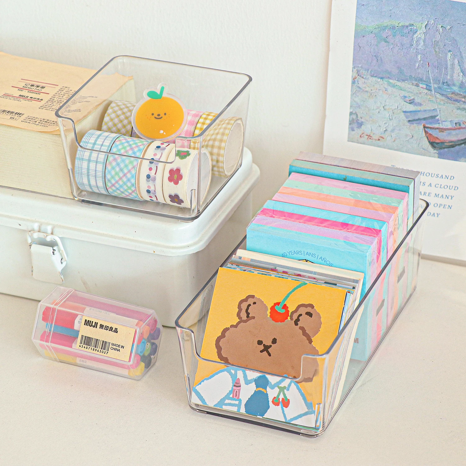 MINKYS Kawaii Acrylic Stickers Kpop Photocards Storage Box pen holder desktop storage box stationery organizer desktop storage shelf stationery storage box desktop storage kit Desktop Organizer Pen Holder School Stationery
