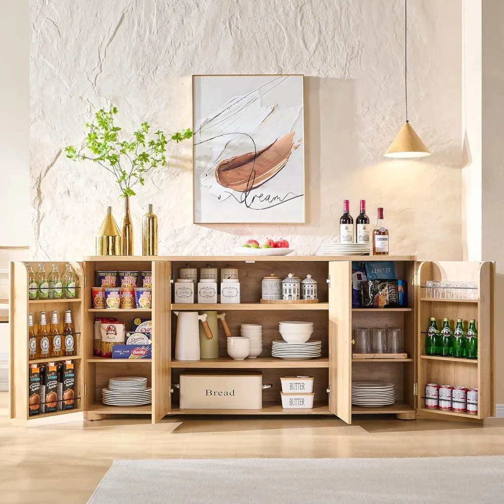 Curved Buffet Cabinet with Doors, 66" Large Sideboard Buffet Storage Cabinet with 4 Doors and Shleves 3