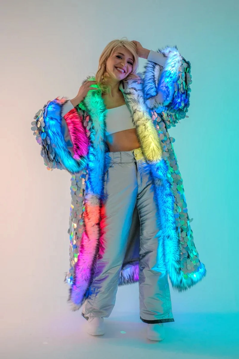 

New LED Costume Sequin Faux Fur Patchwork Coat for Men And Women The Same Multi-scene Can Be Used High Quality Faux Fur Coat