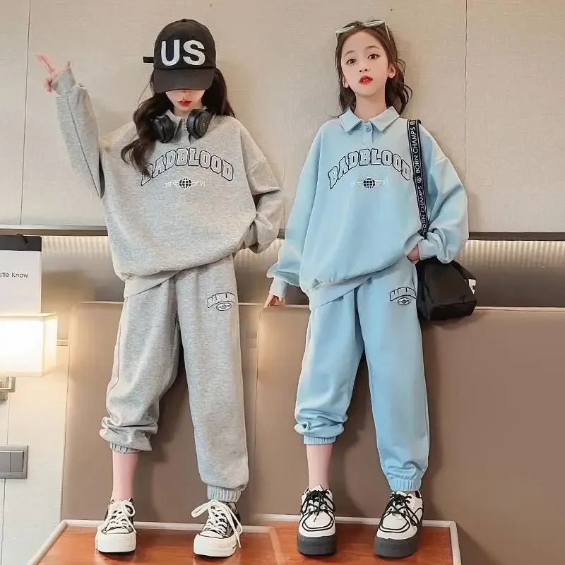 

Spring Young Girls' Sets Turndown Collar Sweatshirt Loose Cuffed Pants Two Pieces Letter Print Long Sleeve Top Causal 5-12 Yrs