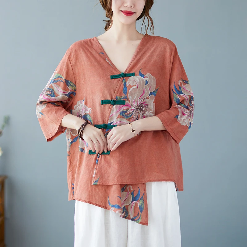 New Traditional Chinese Top Chinese Flower Print Hanfu Clothes Oriental Clothing Traditional Linen Blouse For Women