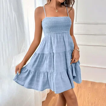 Bohemian Beach Sundress Women Sexy Sleeveless Backless Big Swing Mini Dress Solid Spaghetti Strap Ruffles Dress Summer Vestidos 1