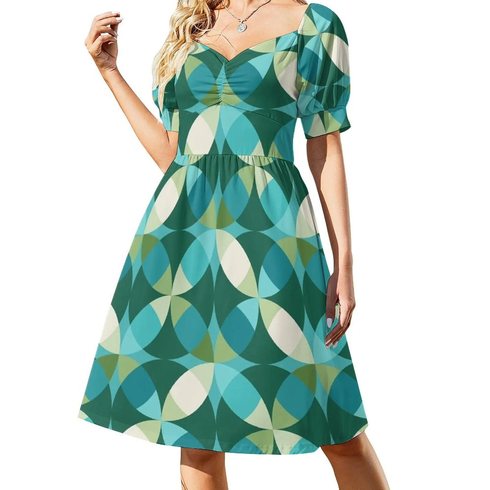 

Mid Century Modern Circle Lock Print 3 - Green Turquoise Teal Sleeveless Dress womens dress Female dress