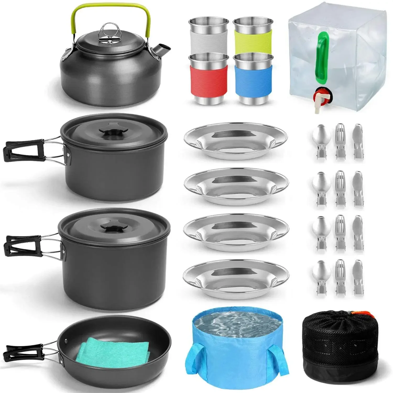 

29pcs Camping Cookware Mess Kit Non-Stick Lightweight Pots Pan Kettle Collapsible Water Container and Bucket Camping Equipment