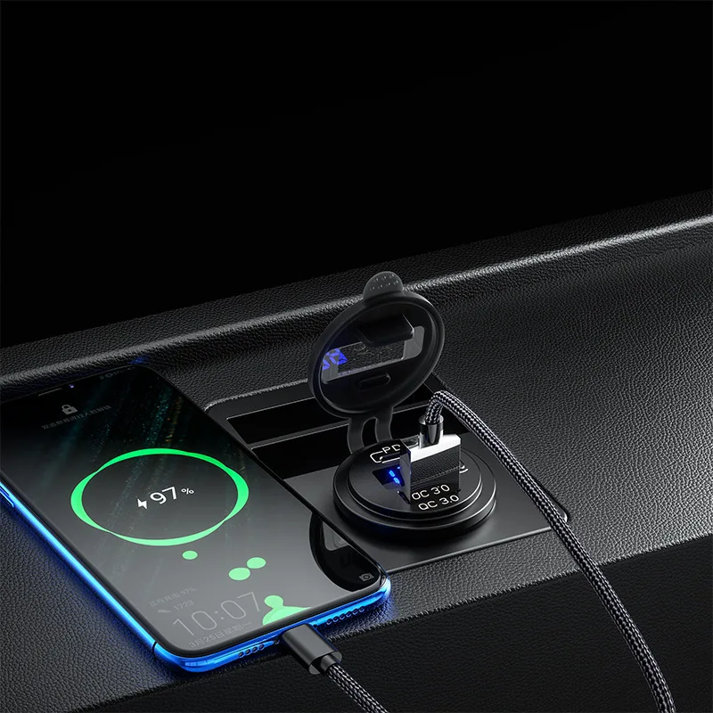 Car Charger 60W PD Type C/QC 3.0 USB Button Switch LED Voltmeter Power Outlet Fast Charging for 12V 24V Car Truck Motorcycle RV