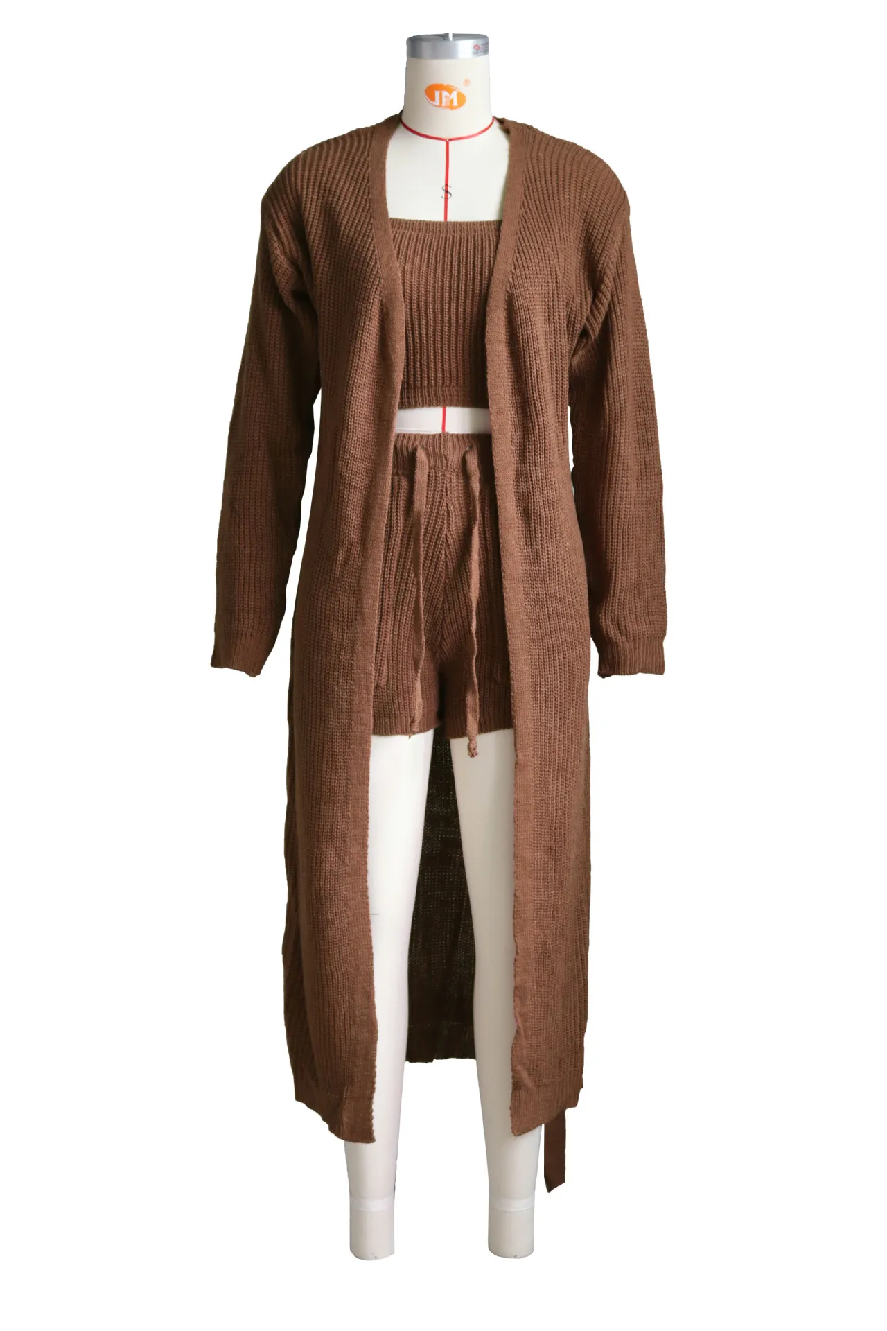 Women Knitted Loungewear 3 Piece Set Tube Top+Drawstring Shorts+Long Sleeve Cardigan Fall Winter Pajamas Loungewear Women Sets