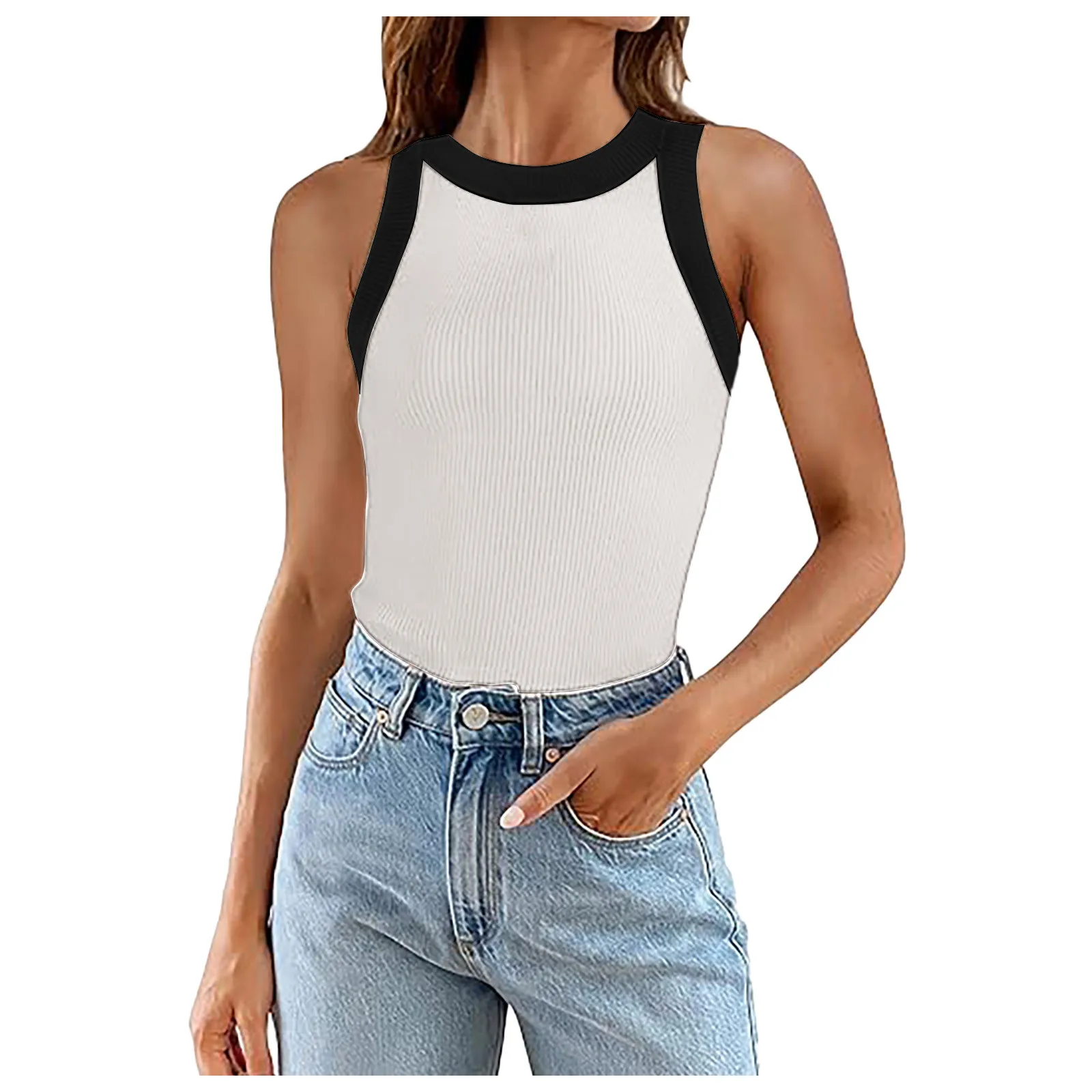 

Womens Summer Sleeveless Tank Tops Ribbed High Neck Racerback Slim Fitted Color Block Casual Shirts