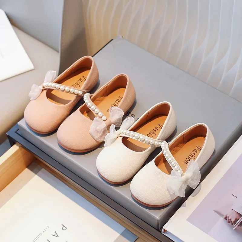 Girl Princess Leather Shoes Chic Versatile Soft Elegant Fashion Lace Bowknot Beading Kid Loafers Wedding Slip-on Mary Janes leather shoes,mary jane shoes,girls shoes