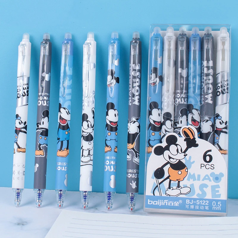 6pcs 디즈니 미키 지울 수있는 젤 펜 애니메이션 0.5mm 검정 잉크 볼펜 학생 프레스 펜 학교 문구 사무용품