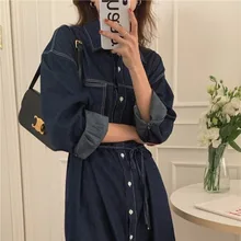  Korean Chic Retro Elegant Denim Shirt Dress for Women Spring and Autumn New Slimming Casual Dress French Dress 