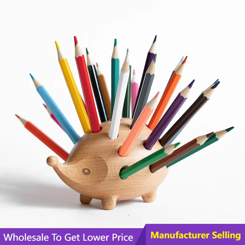 Solid Wood Carving Hedgehog Penholder 24 Holes Creative Pencil Holder Home Decoration Art Desk Figurines and Children's  Gift new fashion cartoon children stickers diy decoration tags kindergarten teachers reward labels self adhesive