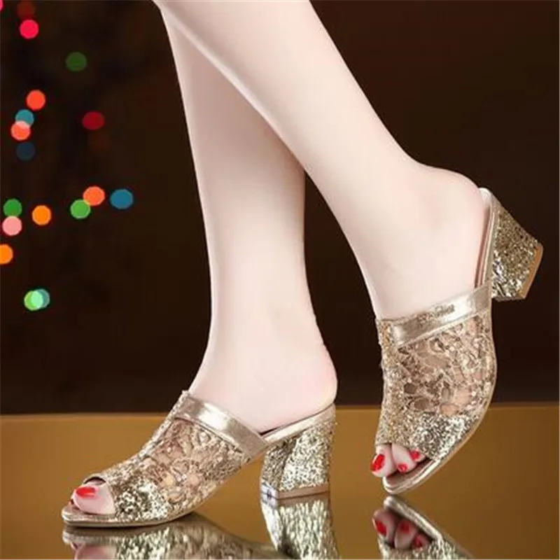

Woman Summer Sandals Gold Open Toe Sandal Lace Dress Shoes Womens High Heels Sandals Square Heeled Pumps Ladies Shoes