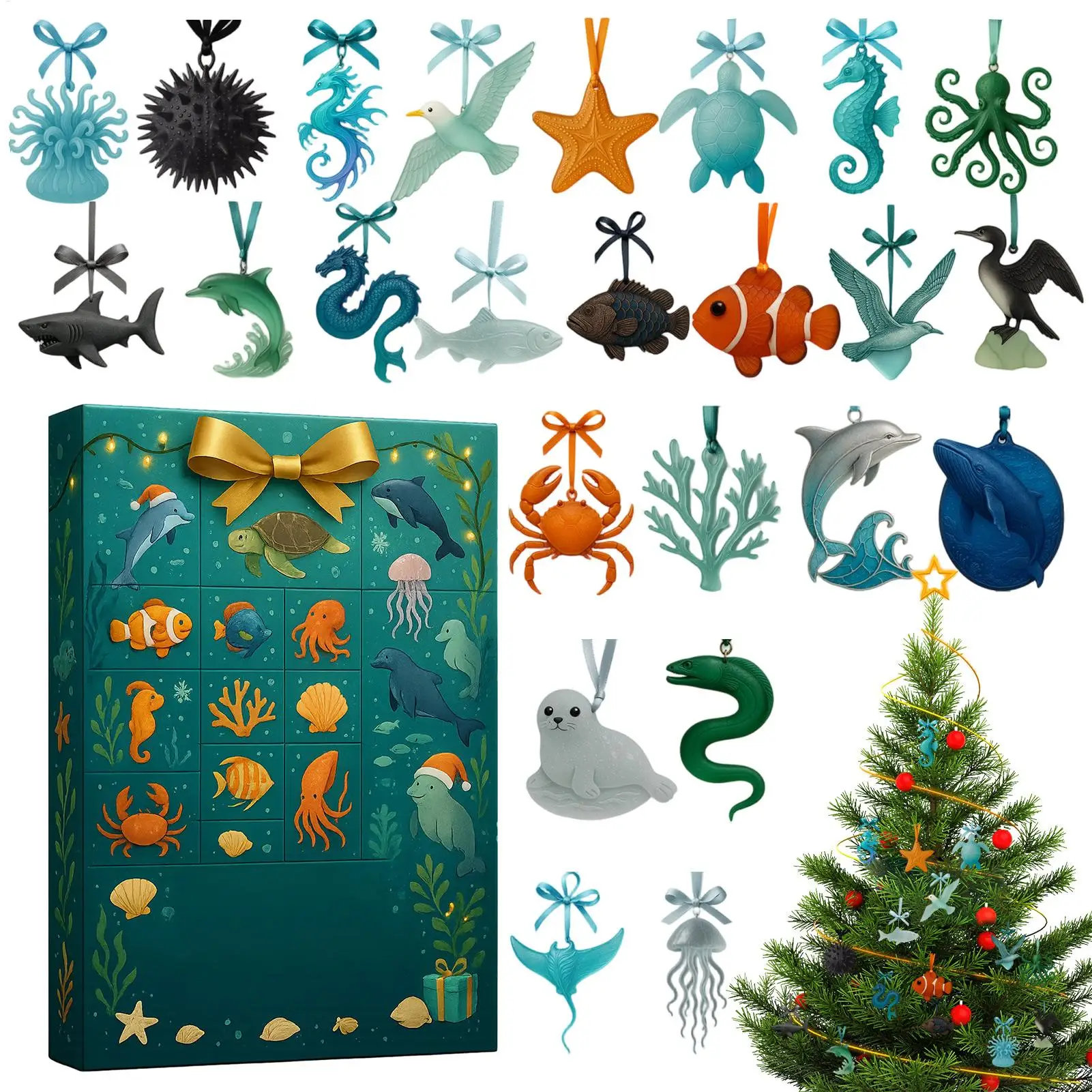 Christmas Advent Calendar 2D Acrylic Marine Life Pendant 24 Day Marine Creatures Ornament Countdown Calendar for Xmas Tree Decor