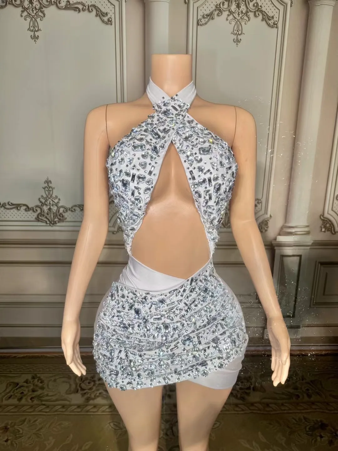 

Роскошный Соблазнительный комплект из двух предметов без бретелек с кристаллами, костюм для празднования дня рождения, вечеринки, ночного клуба, сцены