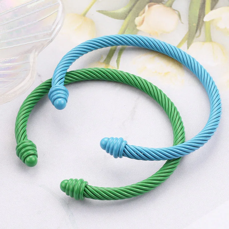 New Trend European American Style Colorful Stainless Steel Twisted Hemp Rope Open Bracelet Women's Ball Jewelry Couple Bracelet