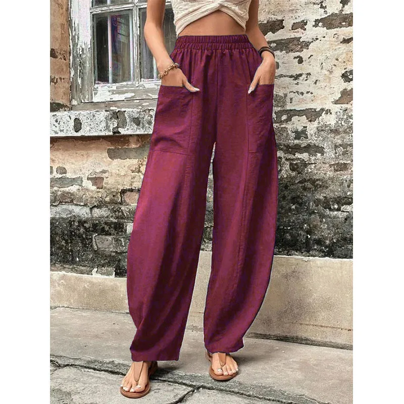 Spring Summer Solid Color Fashion Elastic Waist Wide Leg Trousers Women High Street High Waist Pockets Vintage All-match Pants