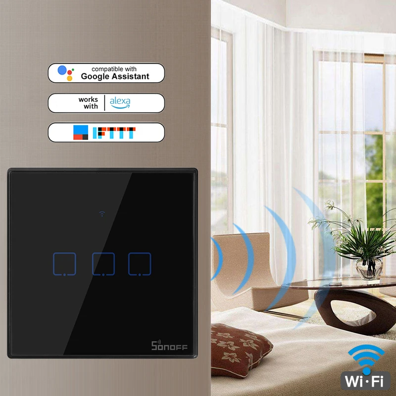 SONOFF 스마트 벽 터치 스위치, 스마트 홈용 무선 리모컨 조명 스위치, 1/2/3 갱 와이파이, 433mhz RF, T2, T3, EU, 영국, 미국