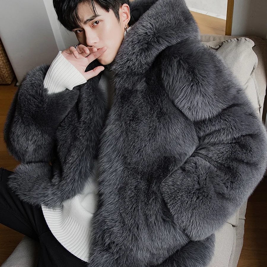 

2023 Winter Warm Plus Fleece Faux Fur Casual Mens Hooded Jacket Thick Boutique Fashionable Male Slim Coats Size Male Clothes F28
