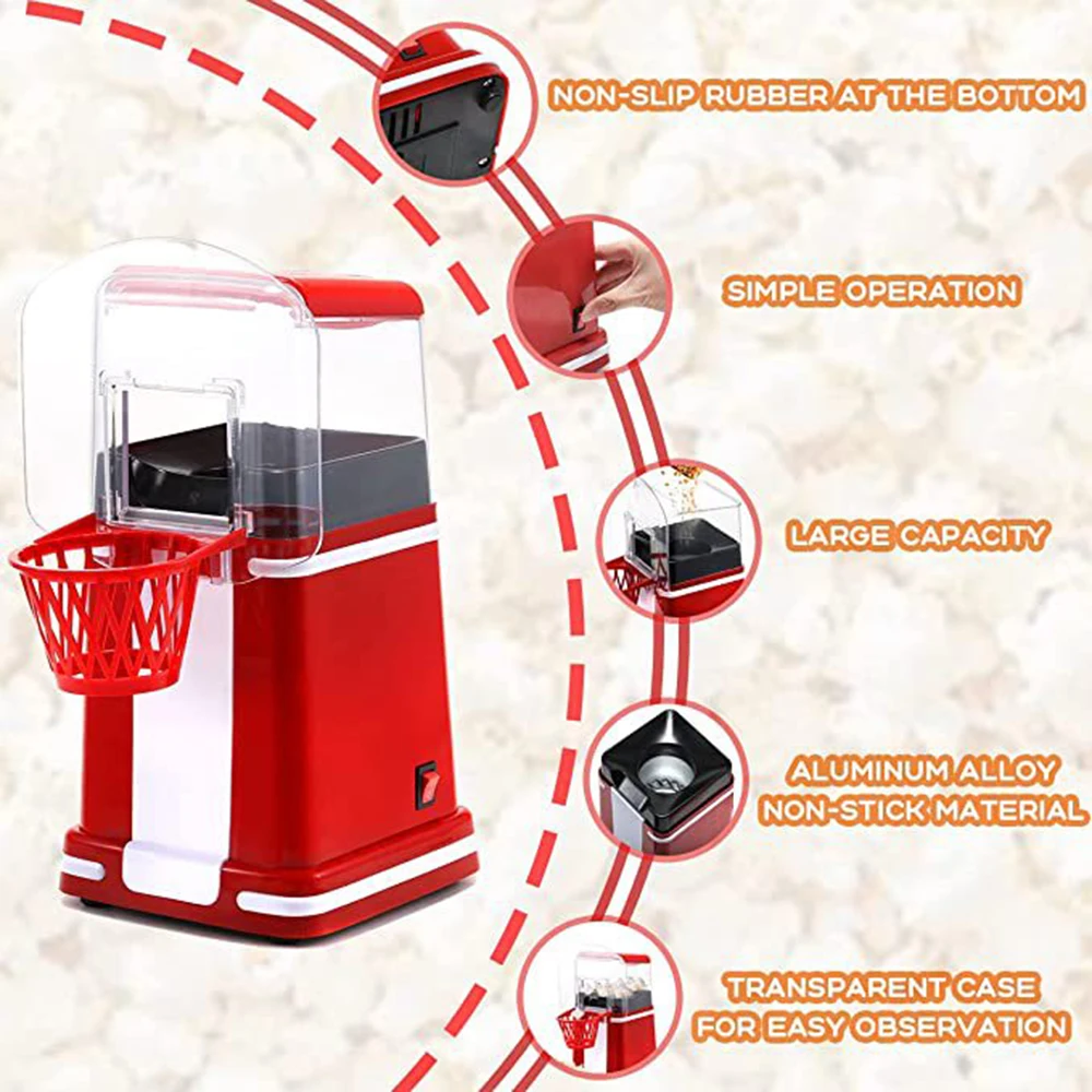 Mini Popcorn Machine Hot Air Popcorn Popper Maker Automatic Butter Snack Appliance for Home Kitchen Movie Christmas 220V 5