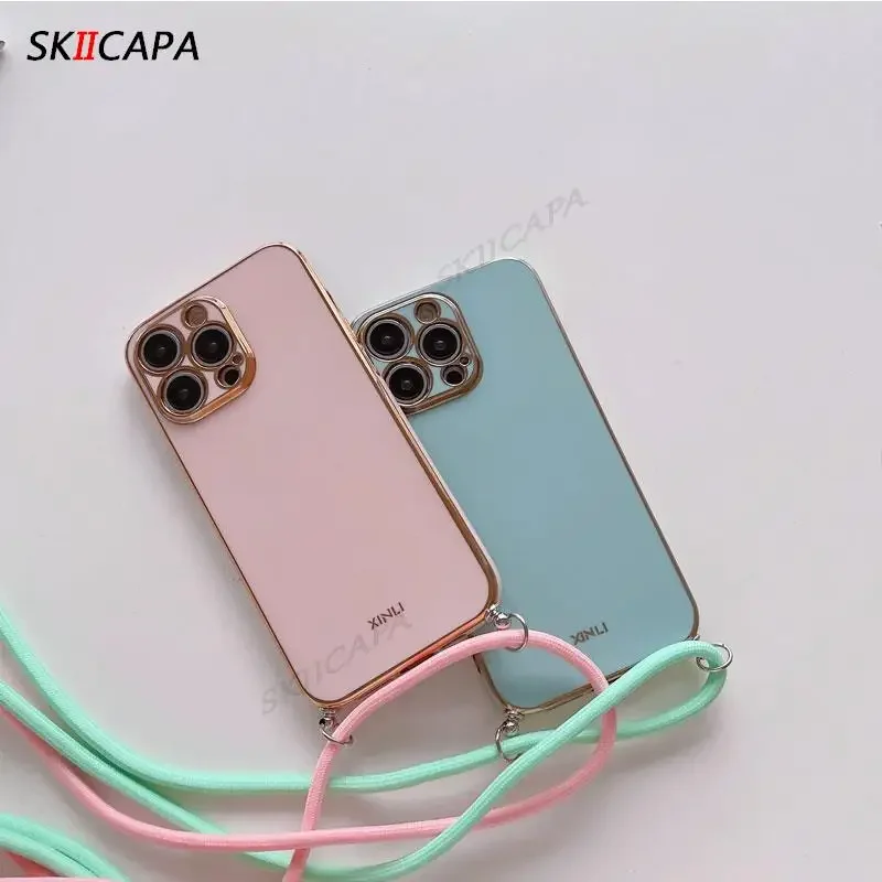 Elegant Crossbody Necklace Cord Lanyard Plating Case with Silicone Bumper Cover