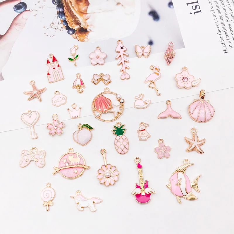 

10pcs/Lot Cute Pink Enamel Charm Shell Mermaid Rabbit Flower Accessories Ocean Animal Pendant Charms For Jewelry Making Supplies