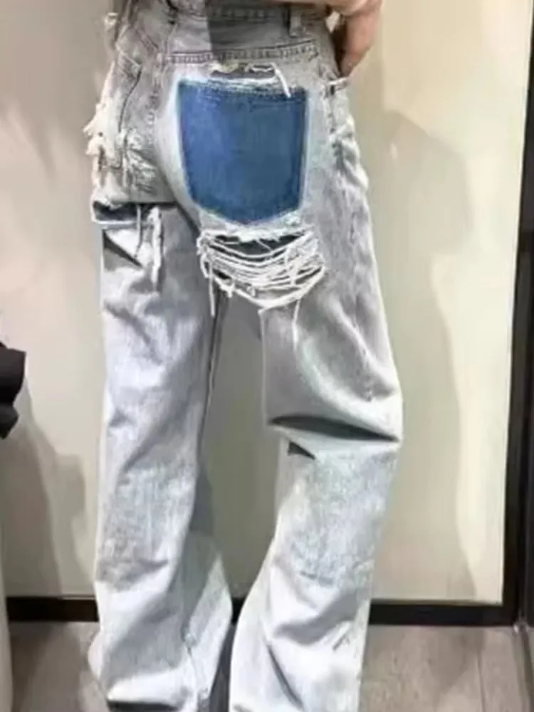 HH Women Broken Holes Decorated Jeans Patchwork High Waist Trousers Denim Pant For Woman Vintage Fashion High Street Jeans