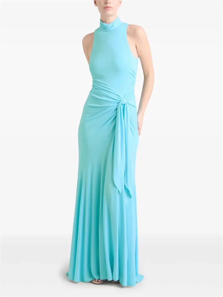 Customized New Fresh Blue Pleated Knotted Long Dress Sleeveless Turtleneck Waist Knotted Draped Formal Party Evening Dress 2025 - AliExpress 320 Customized New Fresh Blue Pleated Knotted Long Dress Sleeveless Turtleneck Waist Knotted Draped Formal Party Evening Dress 2025 - AliExpress 320