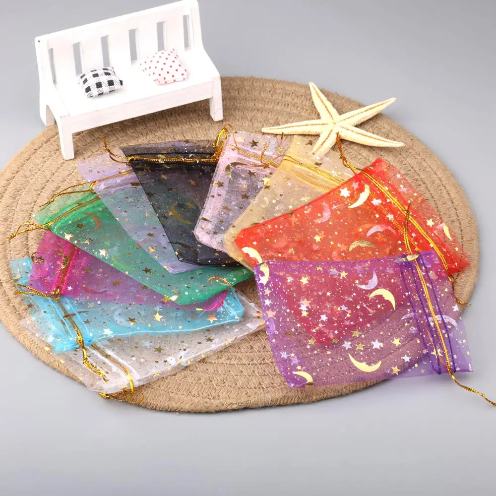 50pcs 9x12cm 스타 문 크리스마스 Organza 선물 가방 매력 보석 포장 Drawstring 가방 & 파우치 도매