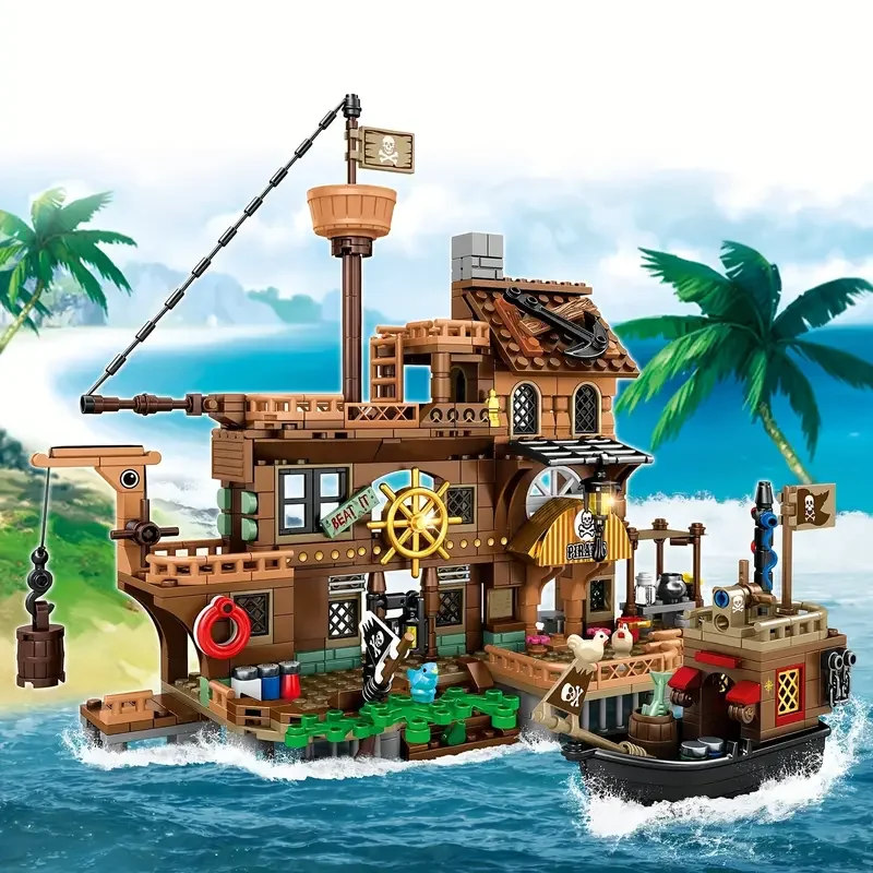 Creative Medieval Pirate Island Fortress Castle Building Blocks Adventure Ship Log Cabin Model Boat Assemble Bricks Toy Kid Gift 2