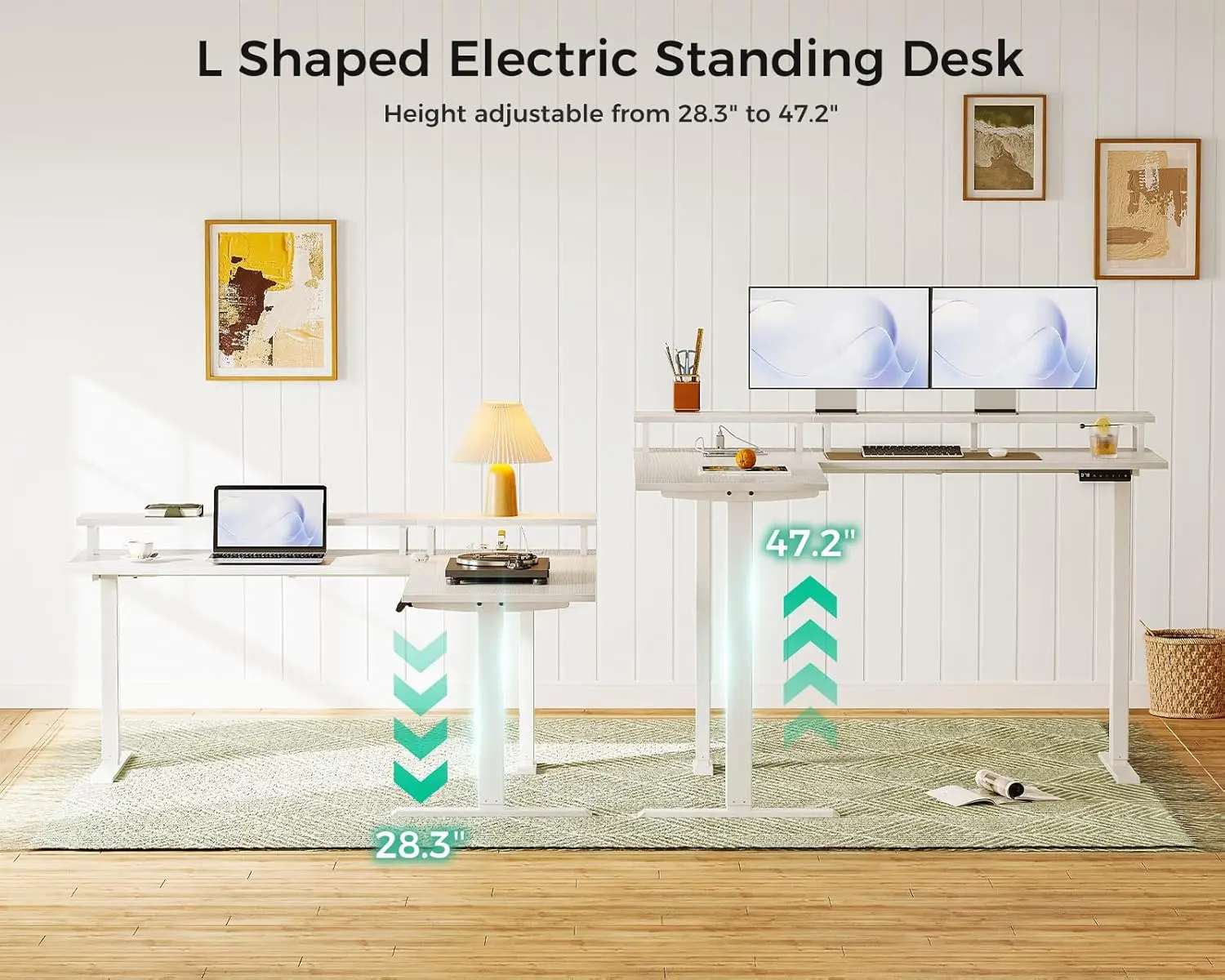 Electric L-Shaped Desk, 59" Height Adjustable, Monitor Stand, Power Outlets. For Home/Office, White