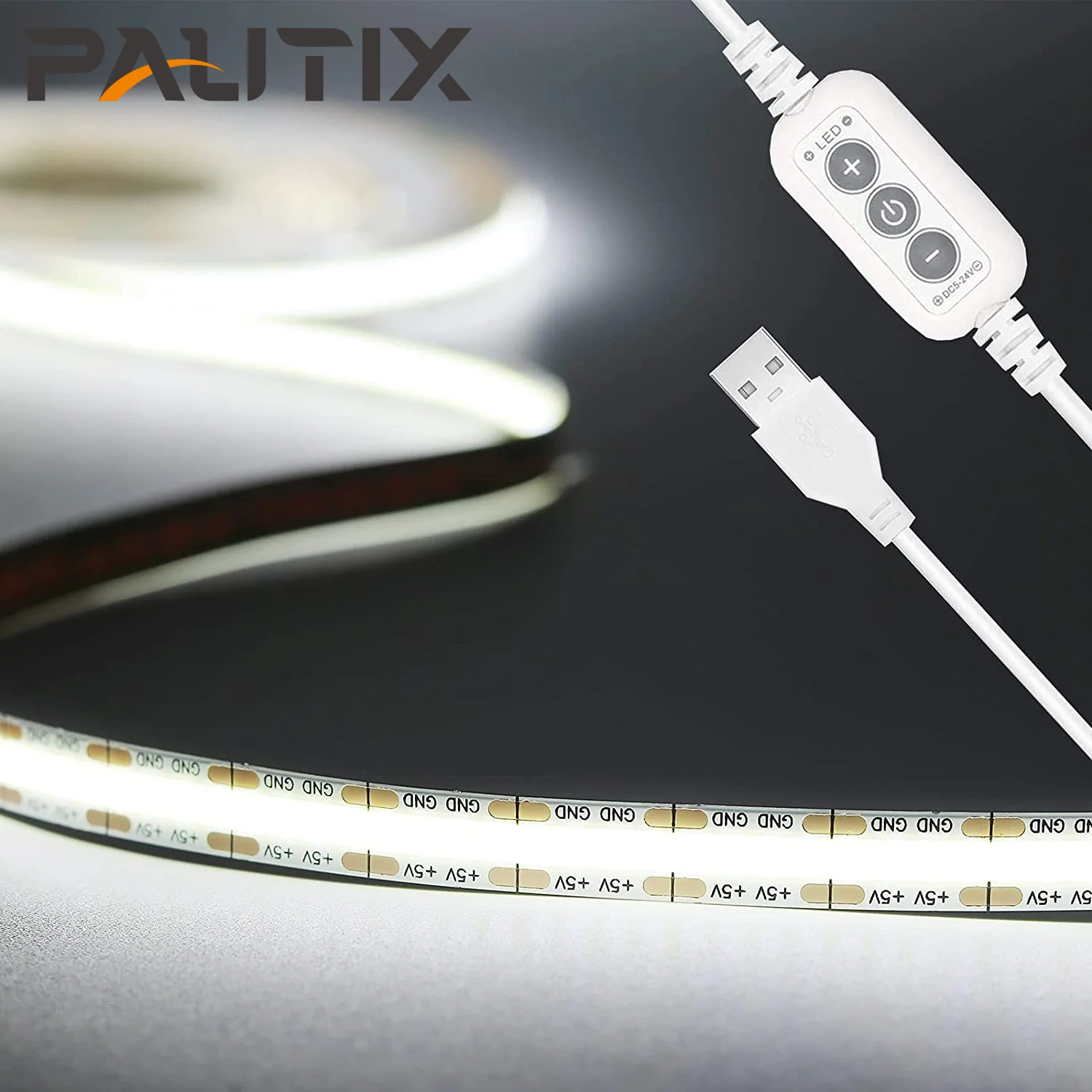 

Pautix 2M USB COB LED Strip Light 5V with Controller 2700K-6000K High Density 320LEDs Dimmable Flexible Linear Tape Lights