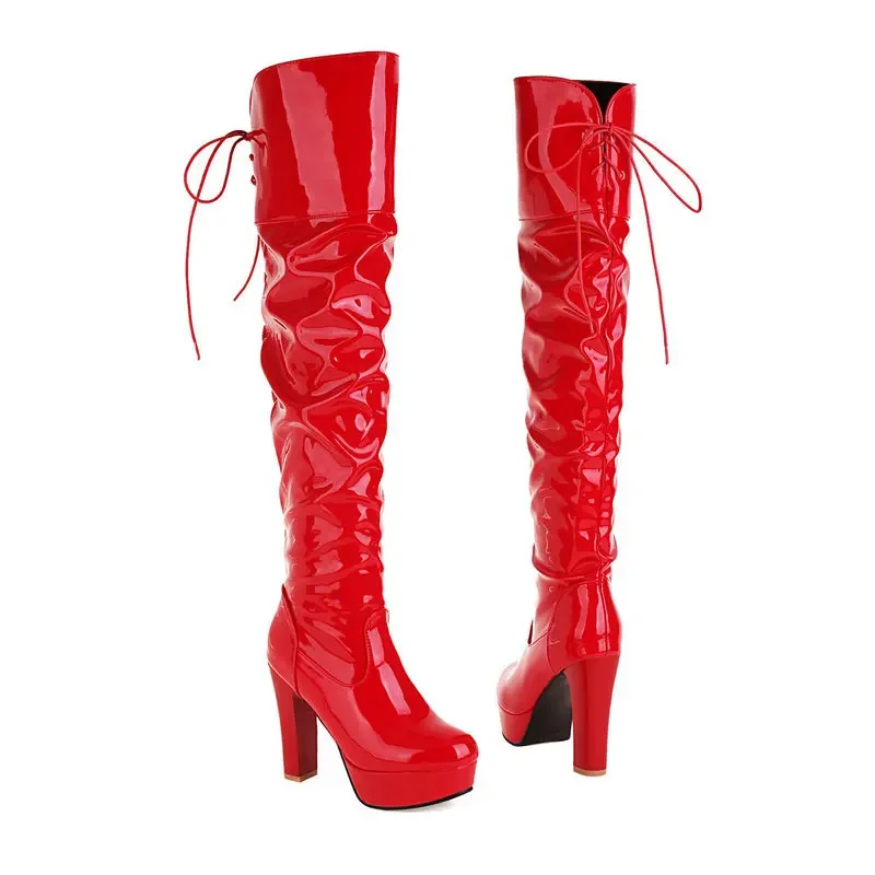 

New Hot Women High Keen Boots Patent Leather Waterproof Knee High Boots Red Party Fetish Boot Women's Shoes Autumn Winter 2023
