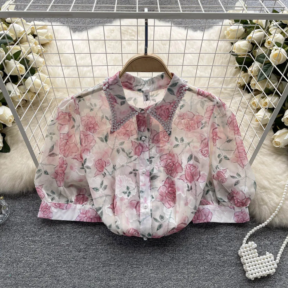 

Summer French Style Beaded Lapel Floral Short Sleeved Shirt Thin Vintage Bubble Sleeved Chic Chiffon Shirt