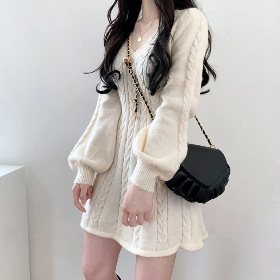 Knit Knitted Sweater Mini Dress Women Casual Lantern Sleeve Short Dresses  Autumn Winter V-neck Outfits Female - Product Details
