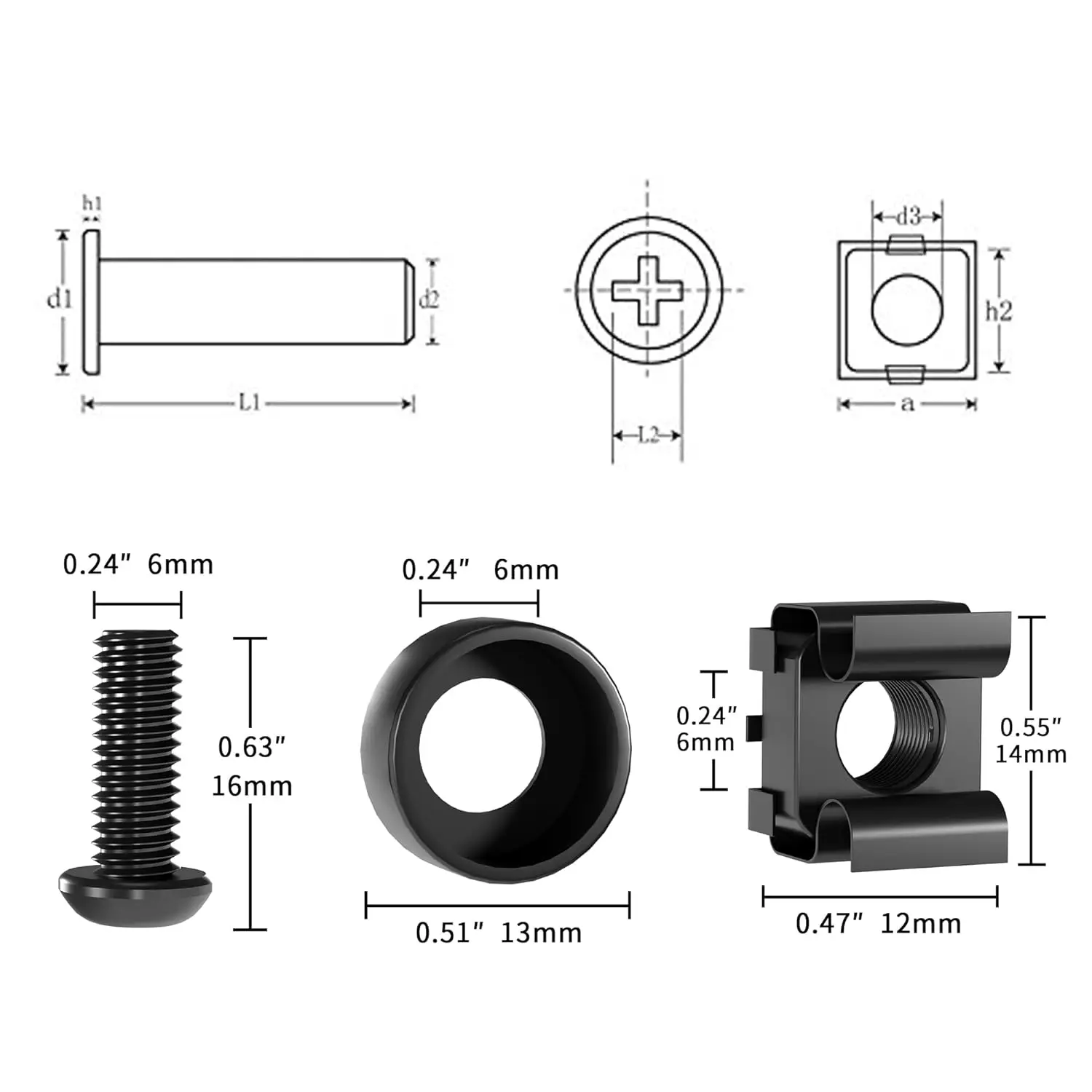 랙 마운트 서버 캐비닛, 랙 마운트 서버 선반, 라우터용 M6 x 16mm 랙 마운트 케이지 너트, 나사 및 와셔 50팩