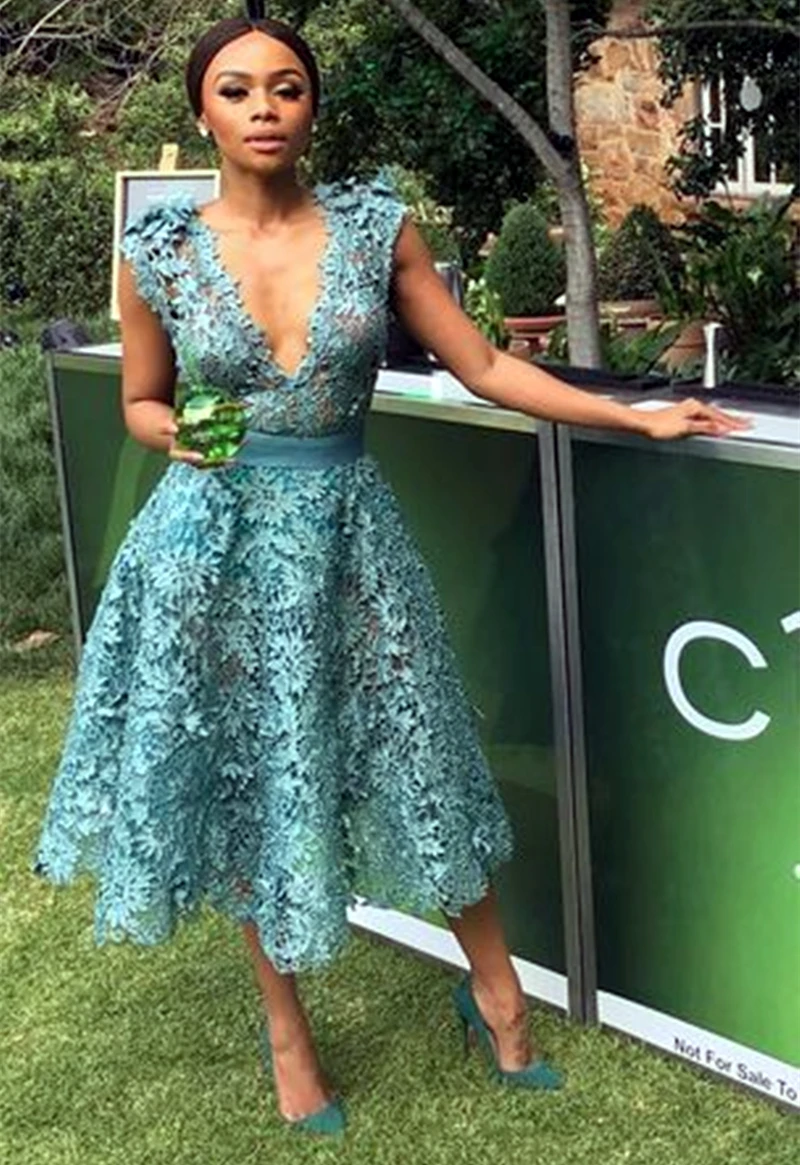

Tea Length Lace Prom Dress A Line V-Neck Brithday Party Special Occasion Gown For Women 2024 Homecoming Dress