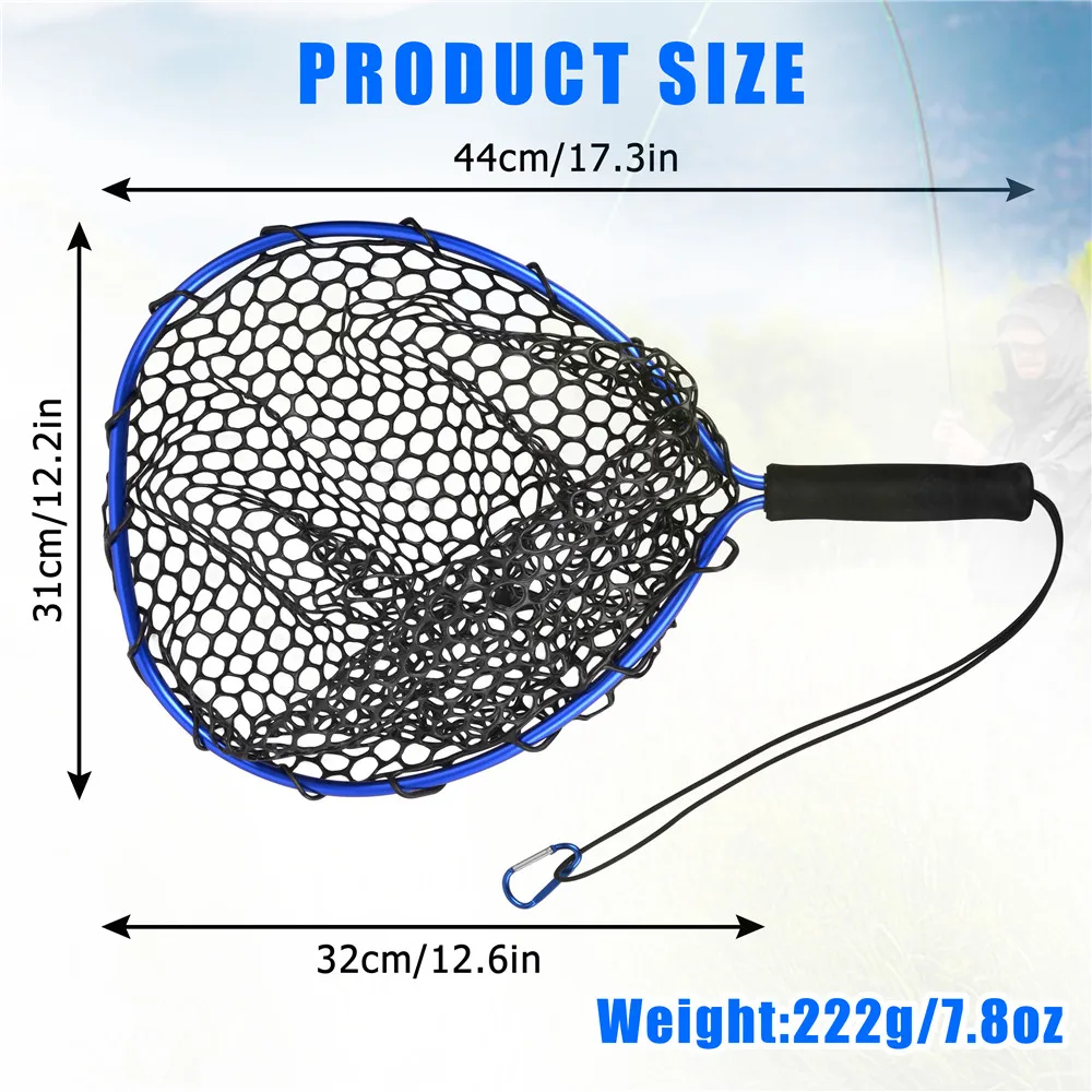 Fly Fishing Landing Net Boat Brail Blue Rubber mesh Hand Net Eva Handle  Saltwater Bass Fishing Nets For Kayak