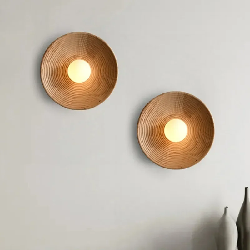 

Modern Retro Bedroom Decor Wall Lamp Solid Wood Body Living Room Round Sconce Light G9 Bulb Corridor Indoor Simple Style Lustres