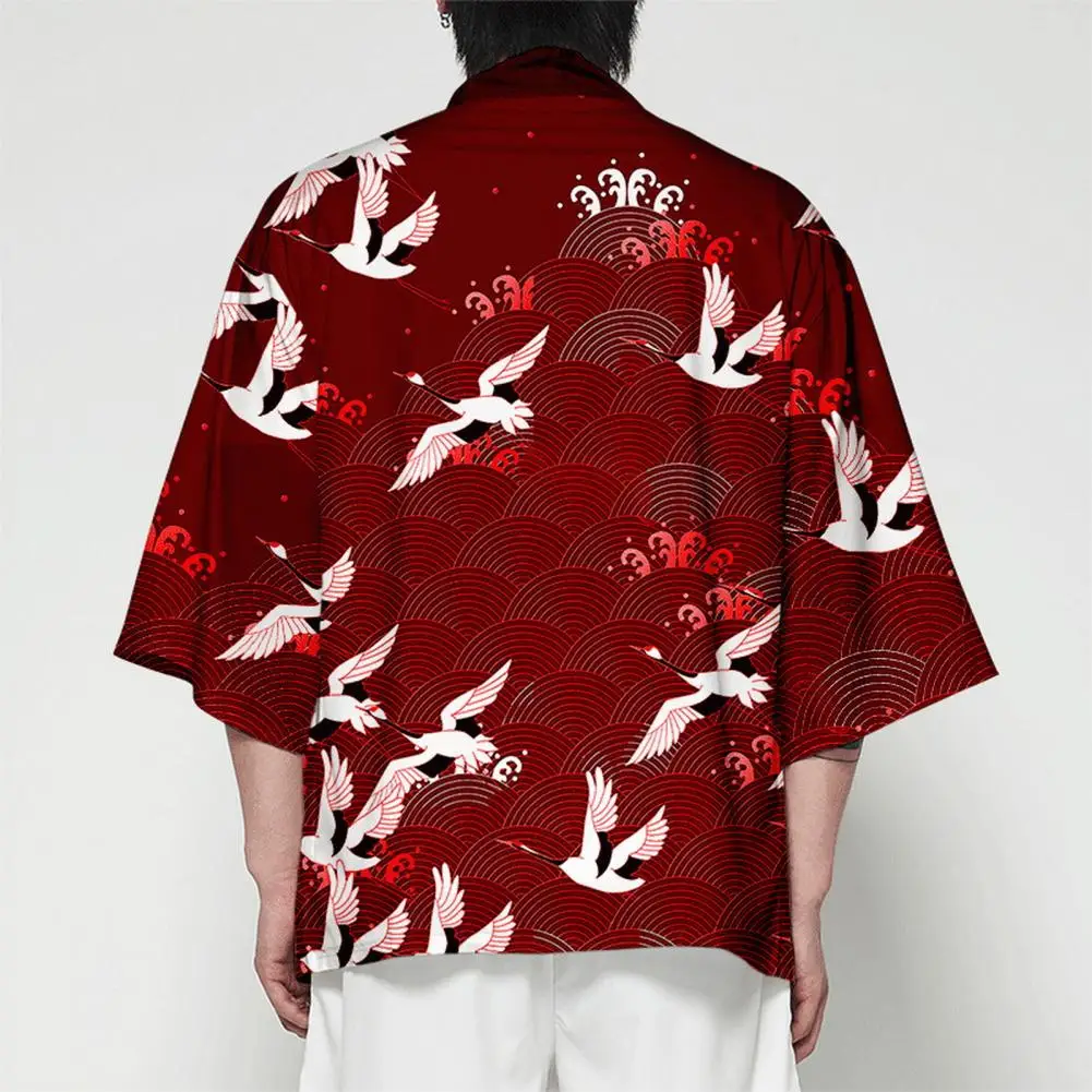 

Daily Shirt Coat Japanese Style Men's Kimono Cardigan with Bird Print Traditional Three Quarter Sleeve Top Coat for Daily Wear