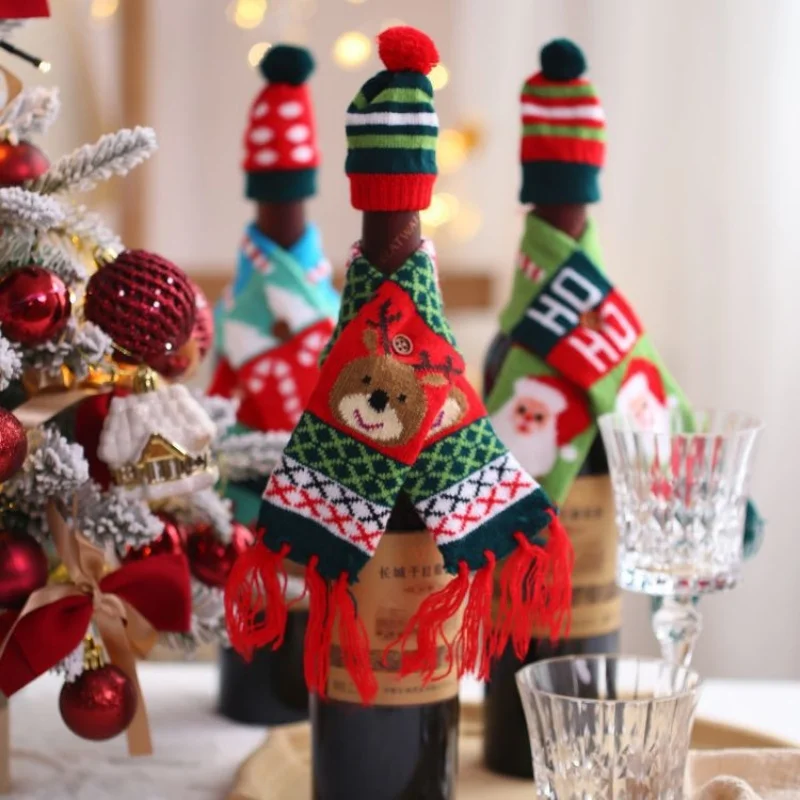 Copri Bottiglia Di Vino Natalizio A Forma Di Babbo Natale - Cappello E Sciarpa In Velluto E Maglia, Decorazione Festiva - 6